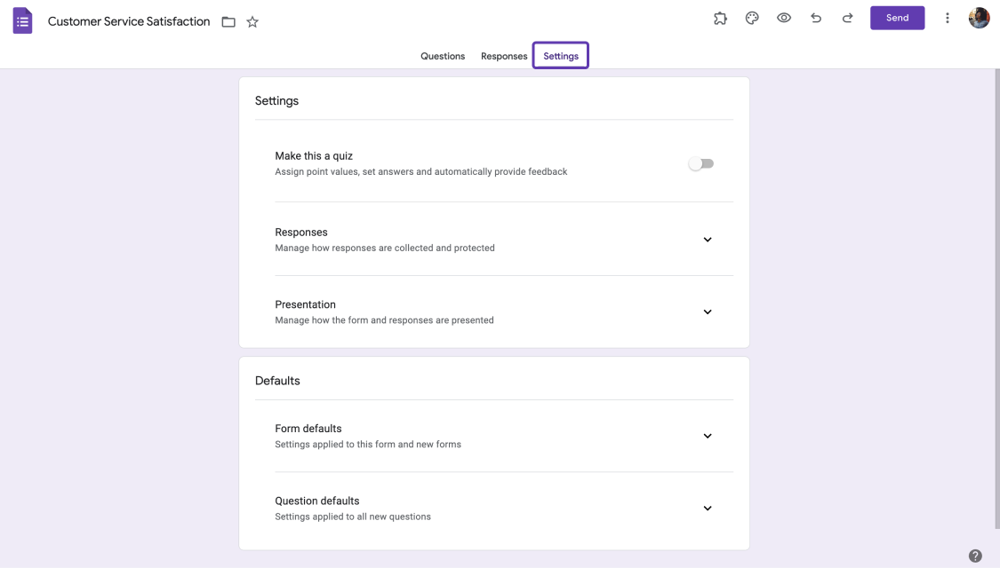 Go to settings on Google Forms