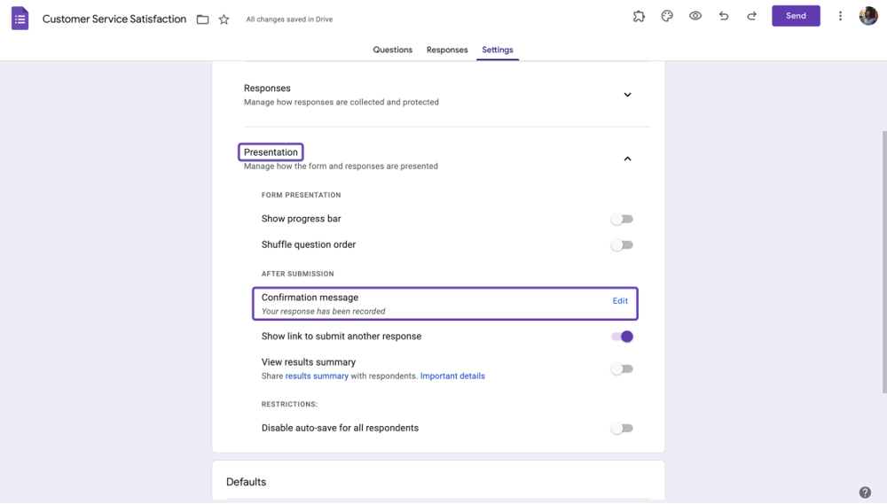 Open “Confirmation message”
