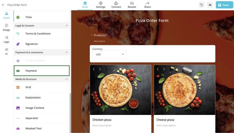 Add a payment field and add PayPal as a payment option