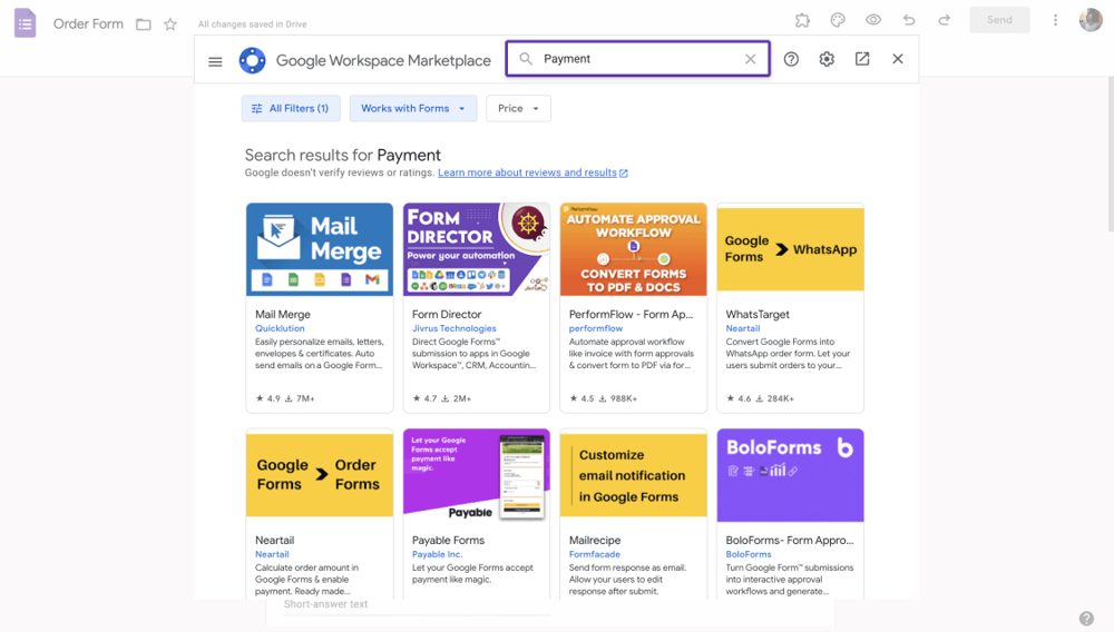 Type payment to find relevant add-ons