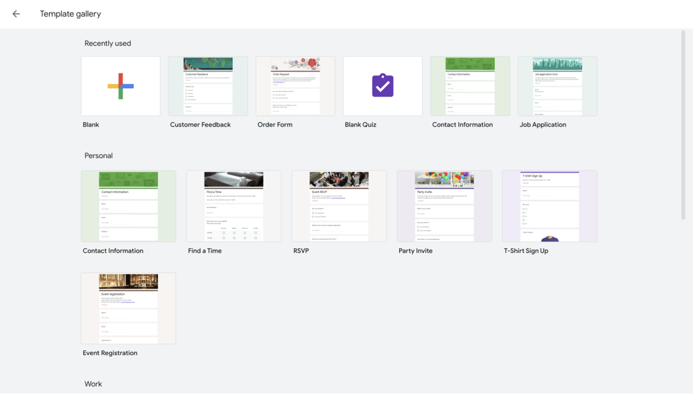 Choose a form template on Google Forms