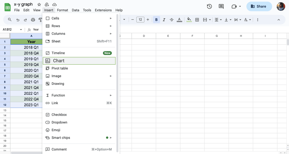 Click Insert then Chart to create your x-y graph