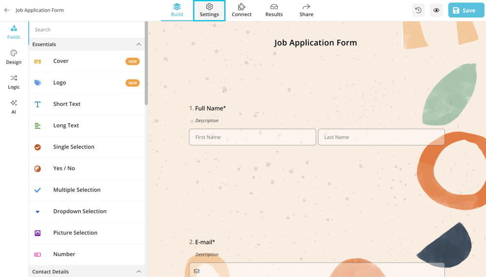 Create your form and go to settings