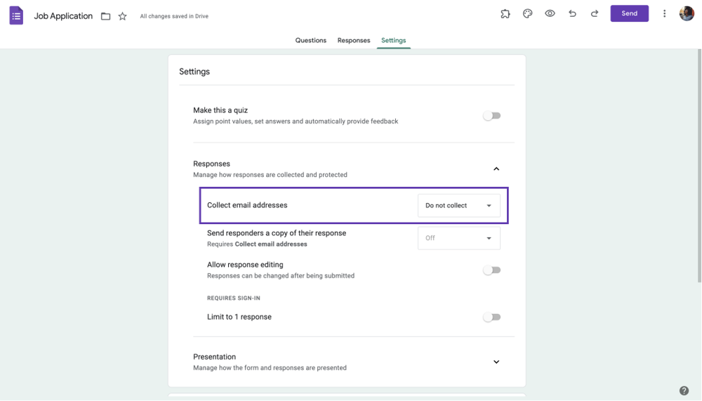 Enabling the collect email addresses option