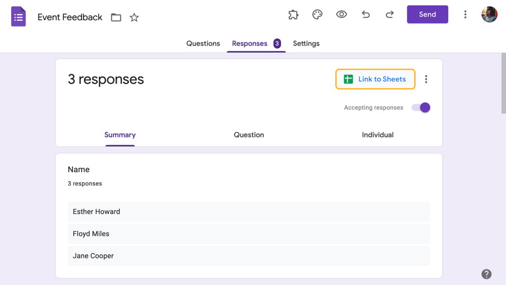 Senden Sie Antworten an Ihr Google Sheets-Konto