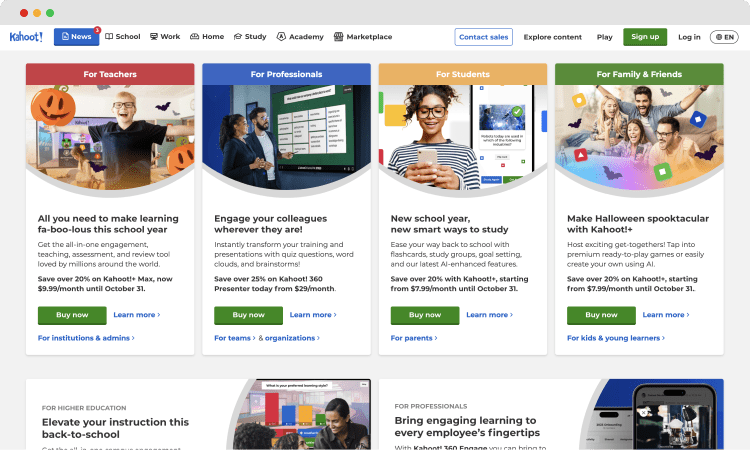 The homepage of Kahoot