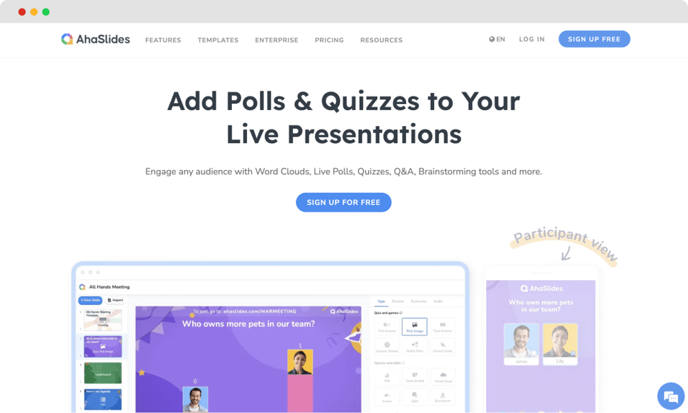 The homepage of AhaSlides