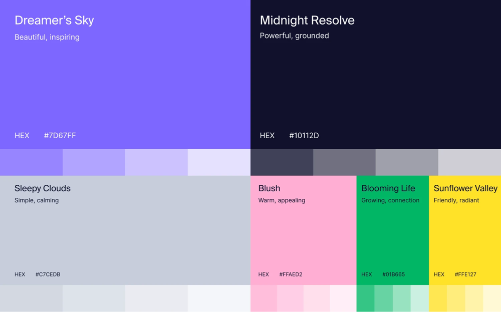 The new color palette consisting of 6 colors and their variations