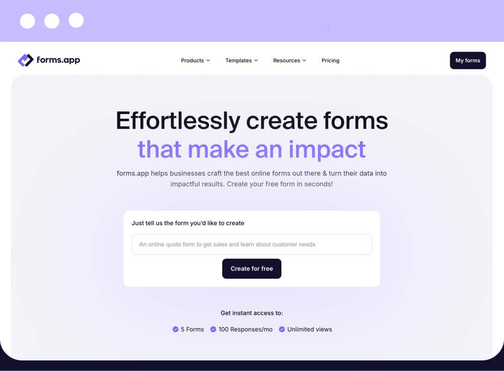 The new homepage that lets people create forms without signing up