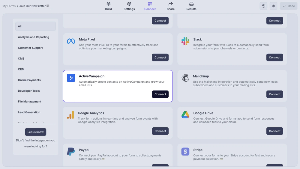 An image showing the “ActiveCampaign integration” button, which you can easily find by accessing the “Connect” tab