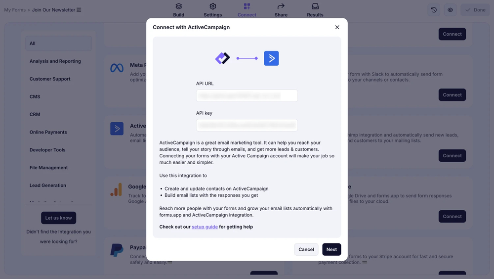An image showing the area from the “Connect” section where you need to enter the API URL and key on your “ActiveCampaign” account