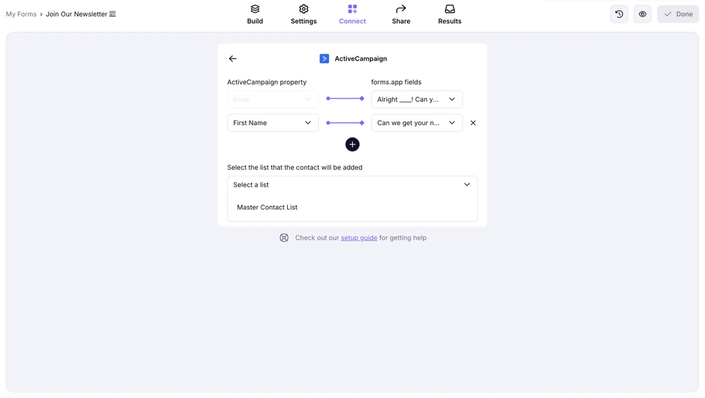 An image showing the area from the “Connect” section where you can match the fields and save your integration