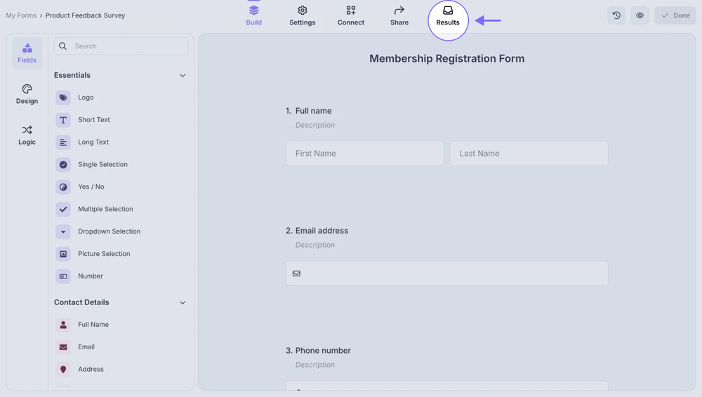 An image showing how you can access the “Results” tab once you open the form needed