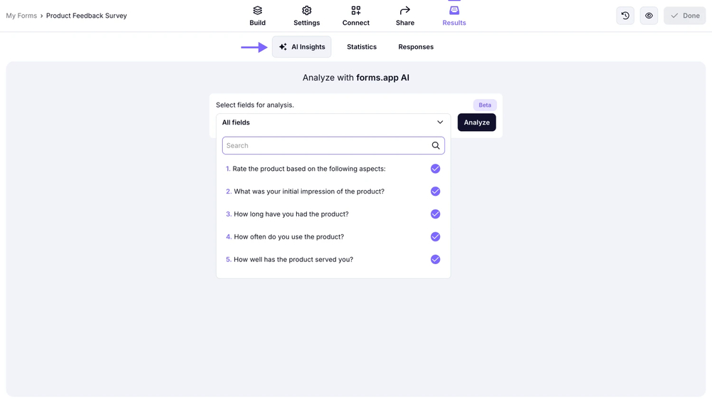 An image showing the “AI insights” button you need to click and the menu from which you can select the form fields for future analysis