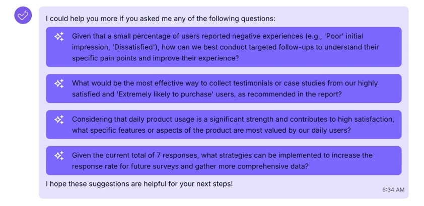 An image showing an example of questions to ask, which are given by the AI chat after it provides the full analysis