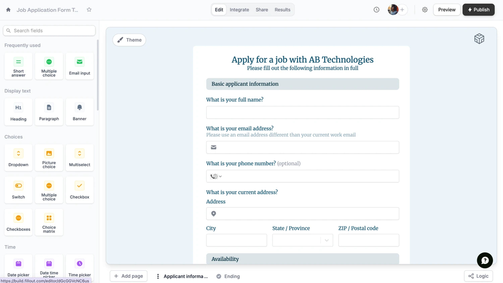 Workspace of Fillout