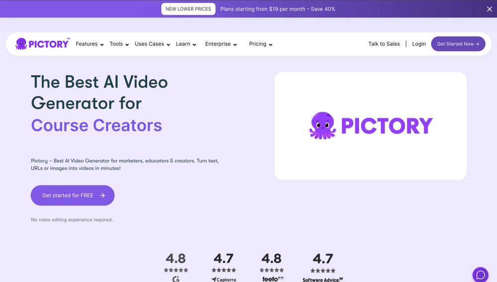 Homepage of Pictory.ai