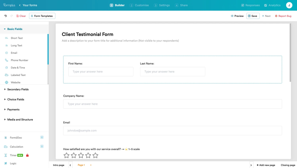 Workspace of Formplus