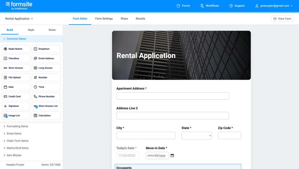 Workspace of Formsite