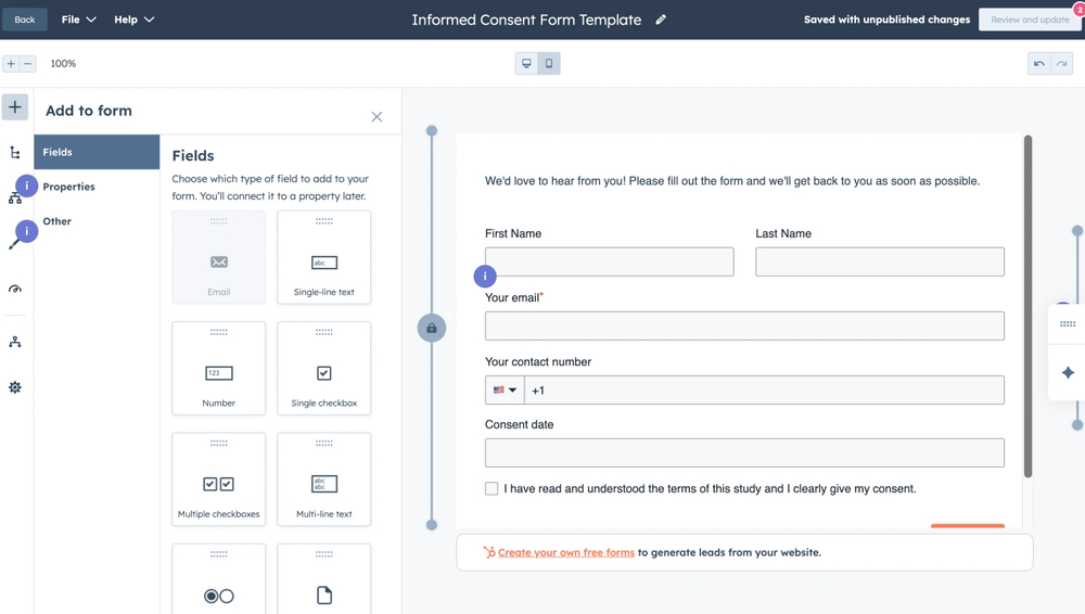 Workspace of HubSpot Form Builder