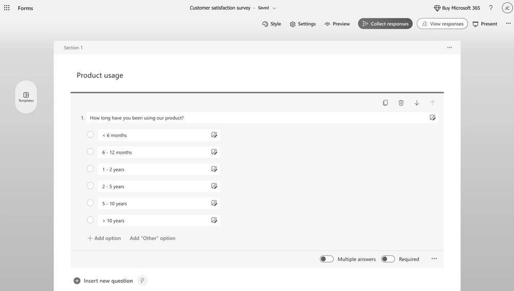 Workspace of MS Forms