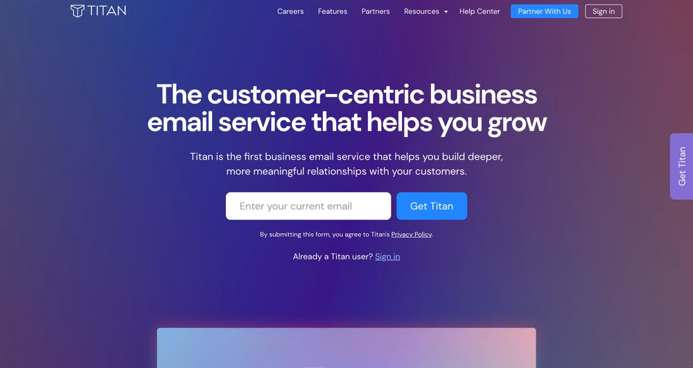 Homepage of Titan Email