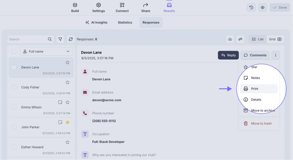 An image showing the Print button, which appears once you open the three-dot menu of the particular form response
