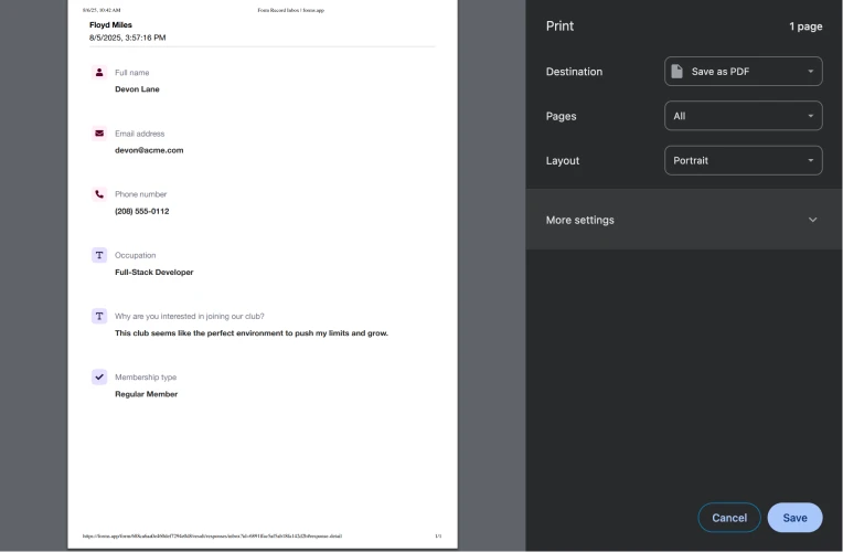 An image showing the print options appearing once the Print button is pressed