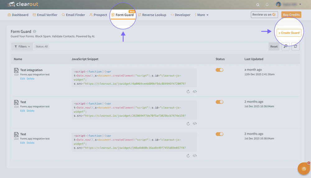 The Form Guard page on Clearout
