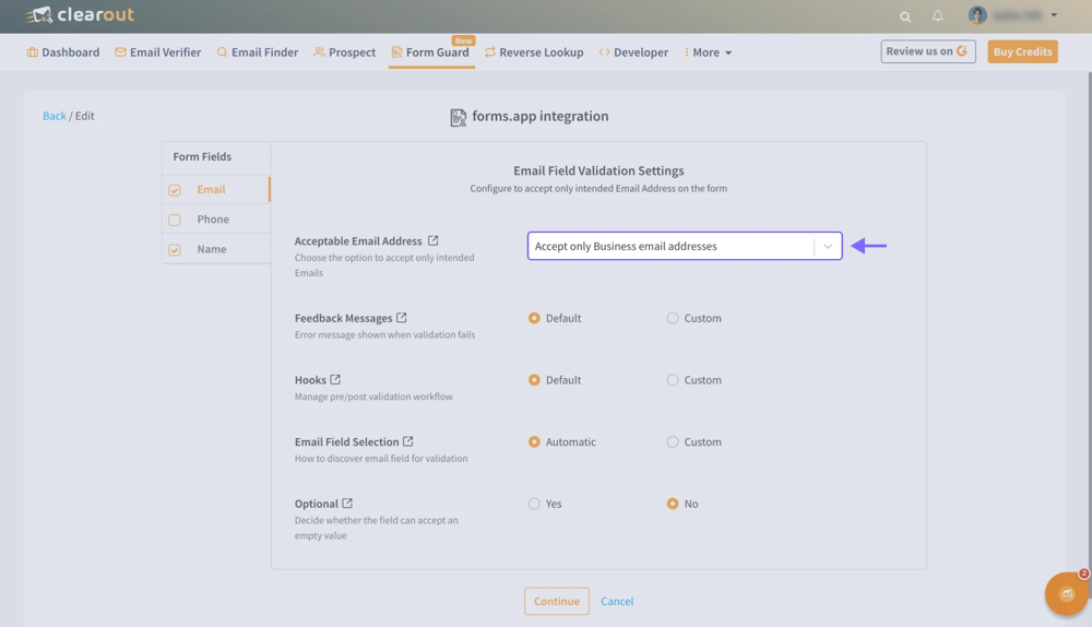 Create a Form Guard on Clearout