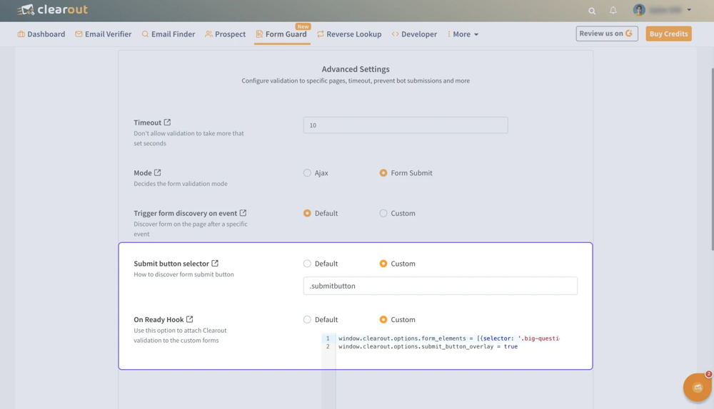 Configure your Form Guard on Clearout