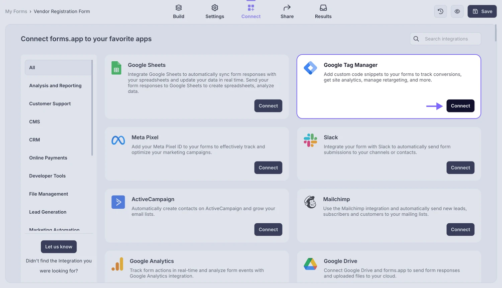 Find GTM among forms.app’s integrations