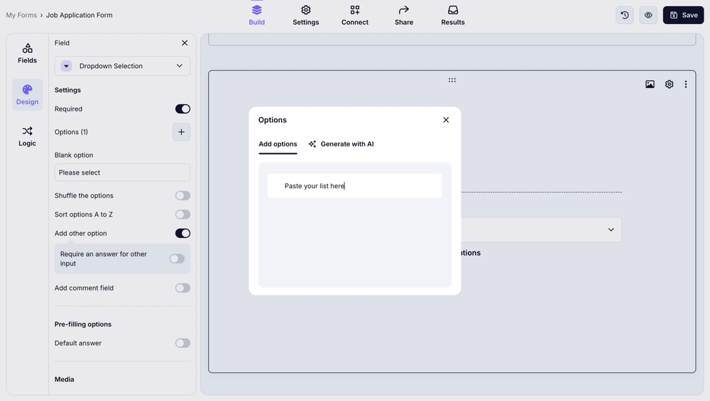 An image showing how you can paste a list of options to your field by opening the field settings