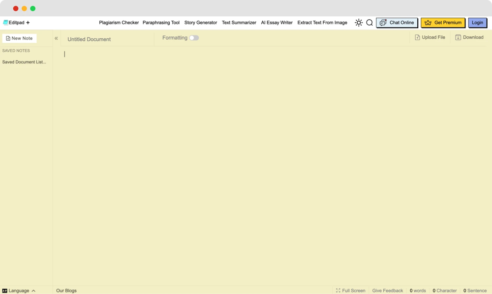 The homepage of Editpad
