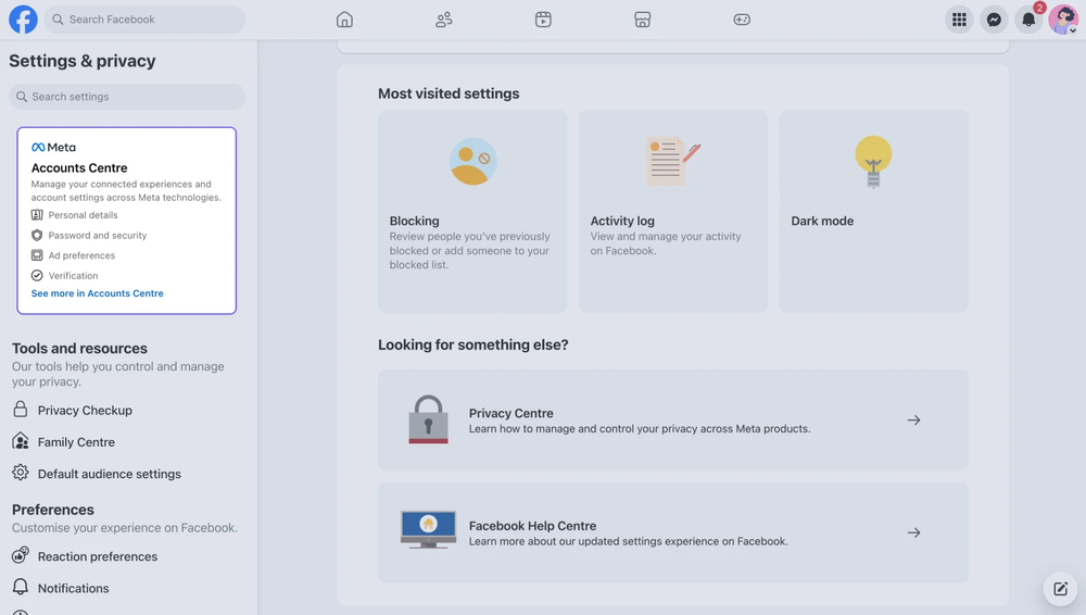 An image showing the “Accounts Center” on your Dashboard, which allows you to access your personal details