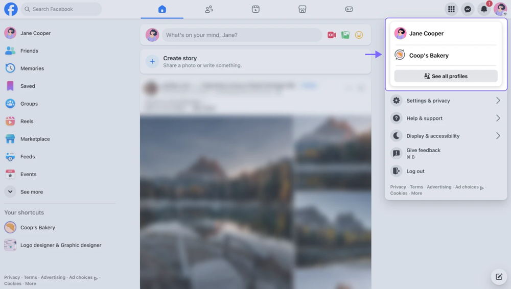 An image showing a dropdown menu with pages opening once you click your profile picture