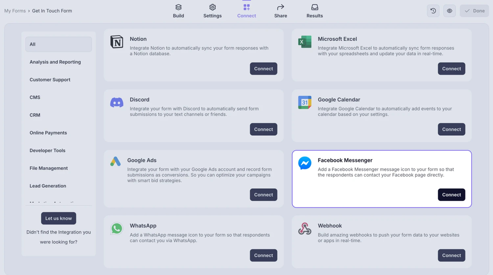 An image showing the “Facebook Messenger integration” button, which you can easily find by accessing the “Connect” tab