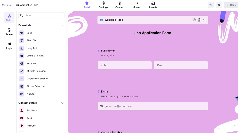 An image showing the “Build” section of the form, which you opened and added the needed questions to