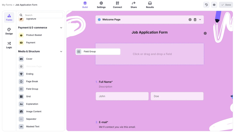 An image showing how you can find the “Field Group” field from the menu on the left and drag&drop it directly to your form