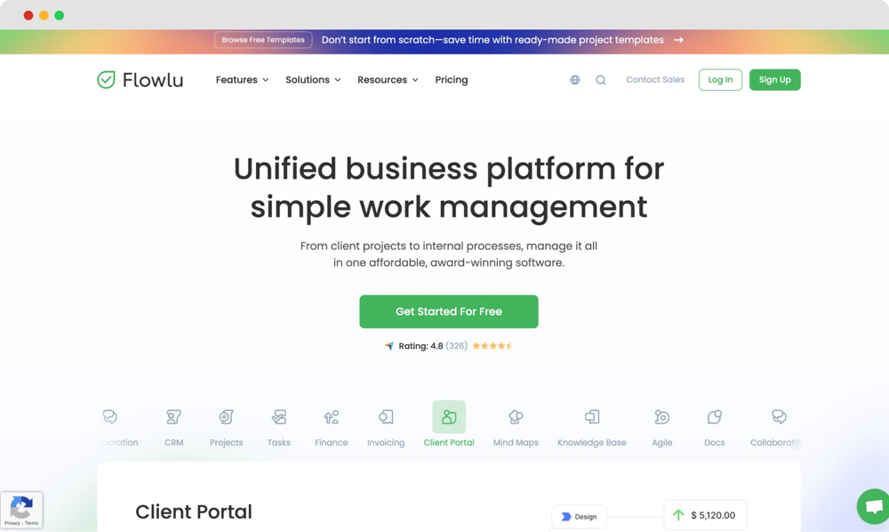 The homepage of Flowlu