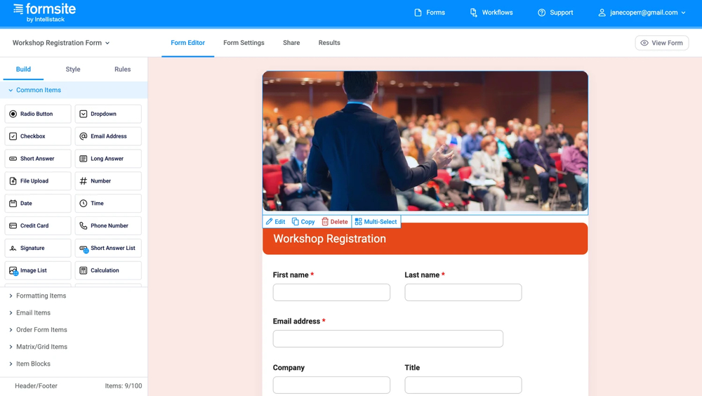 Workspace of Formsite
