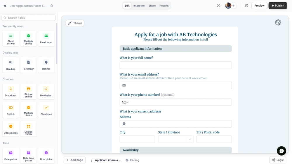 Workspace of Fillout
