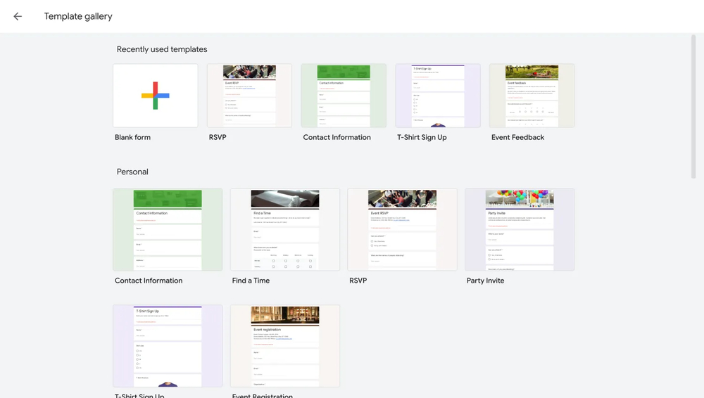 Template gallery of Google Forms