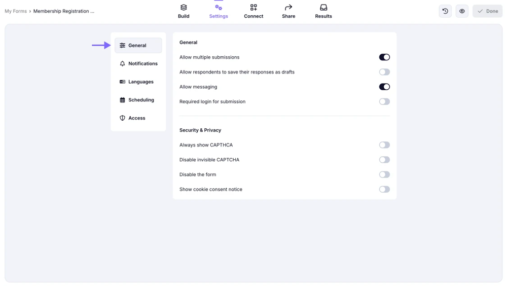 An image showing the area in the Settings section where you can set up all the General settings