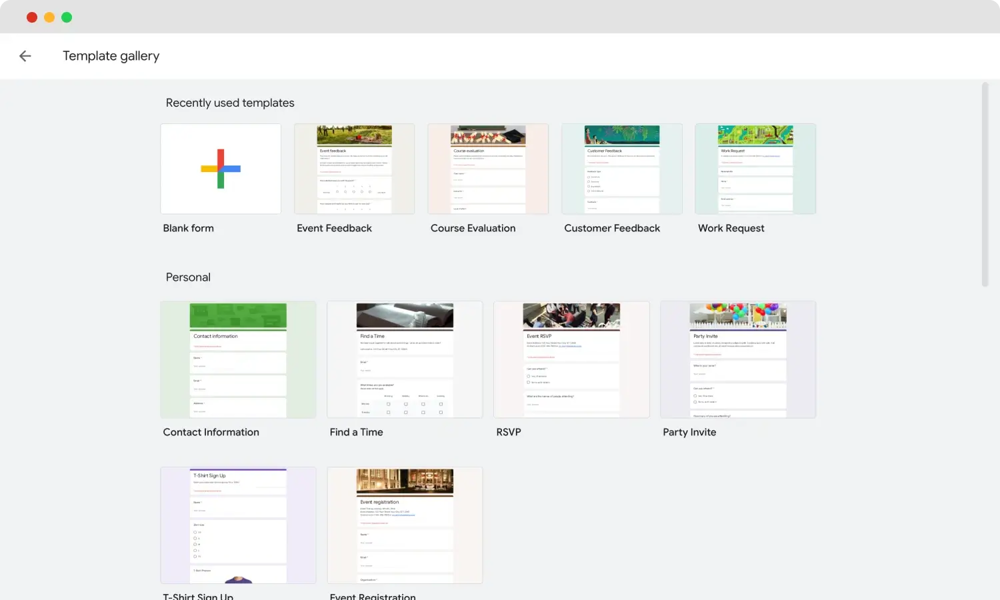 Biblioteca de modelos do Google Forms