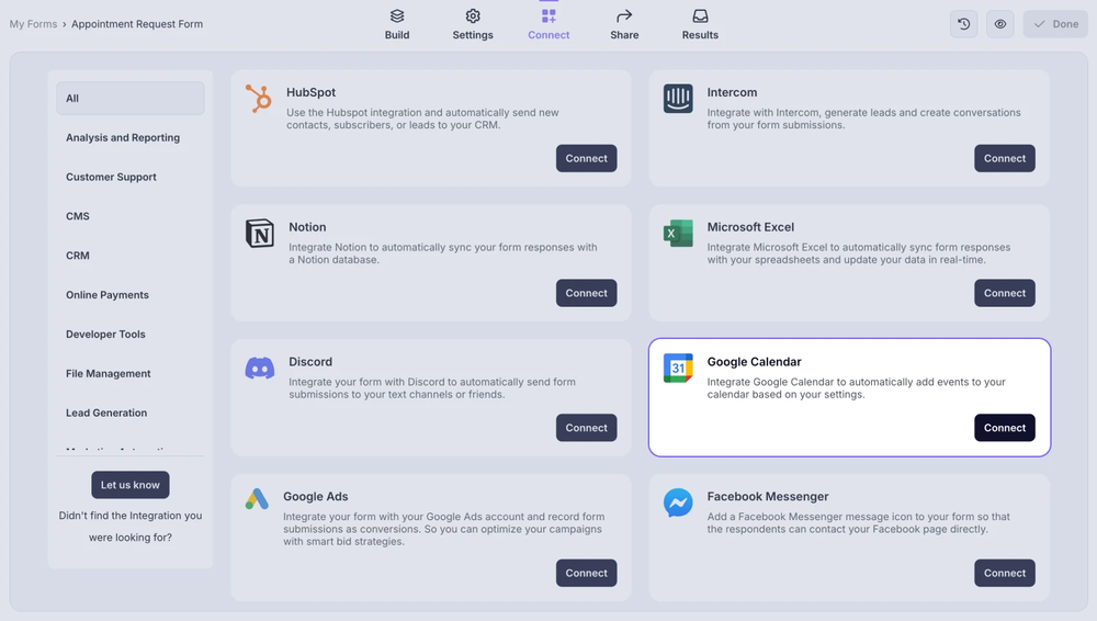 An image showing the “Google Calendar integration” button, which you can easily find by accessing the “Connect” tab