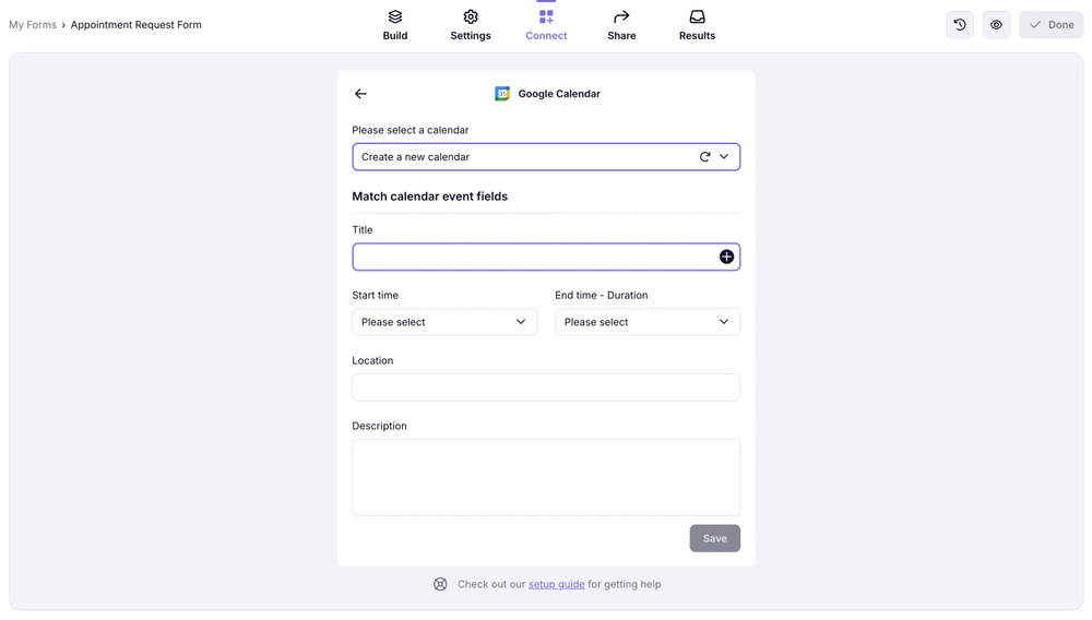 An image showing the integration settings where you will need to select a calendar and add a title for your events