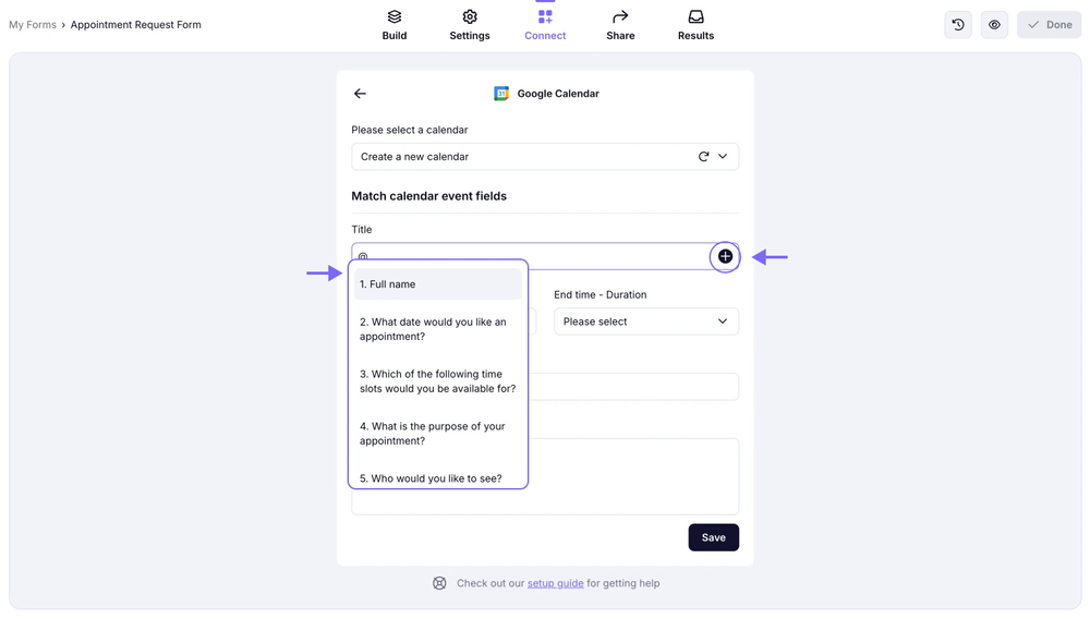 An image showing the feature that allows you to select a title from the form fields you have by clicking the “+” button