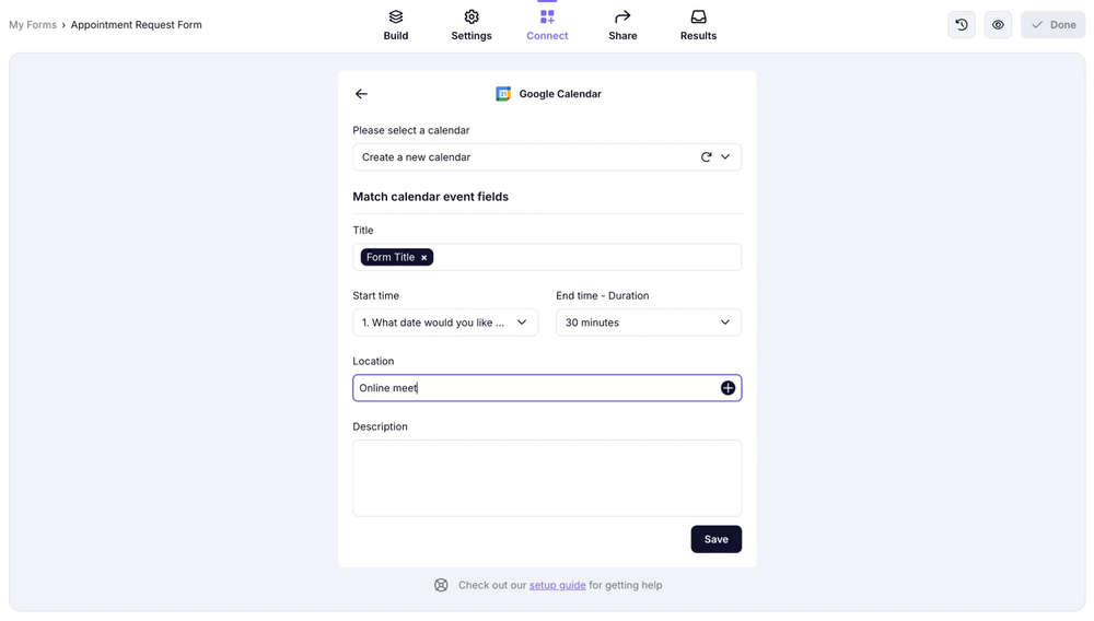 An image showing the “Location” area where you can add a fixed location by typing or choosing a relevant form field
