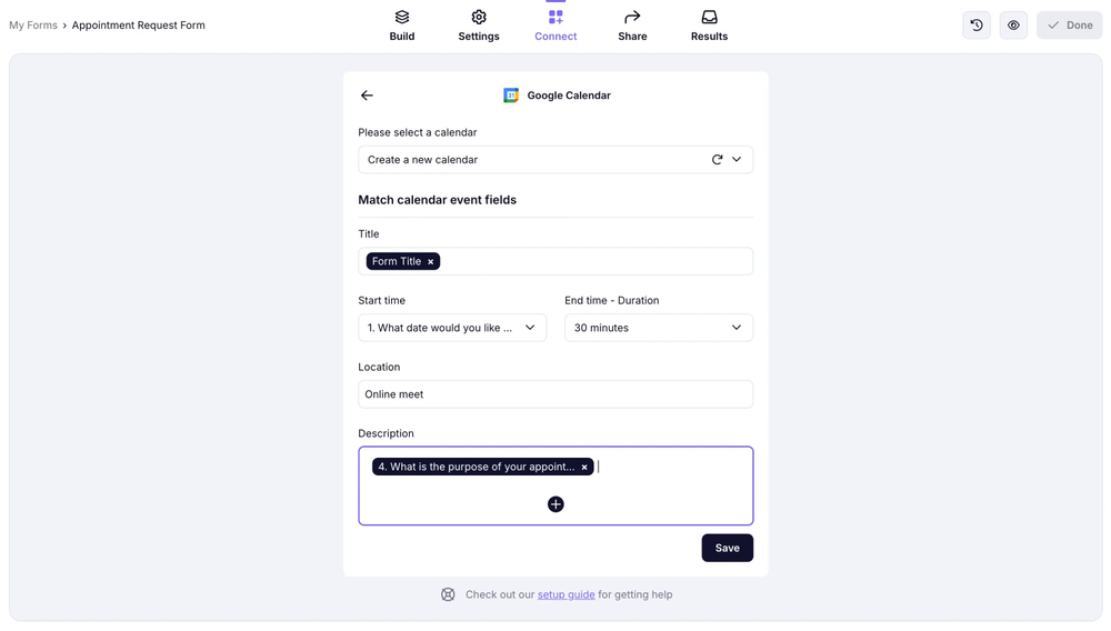 An image showing the “Description” area where you can add a fixed description for events or use form fields as variables